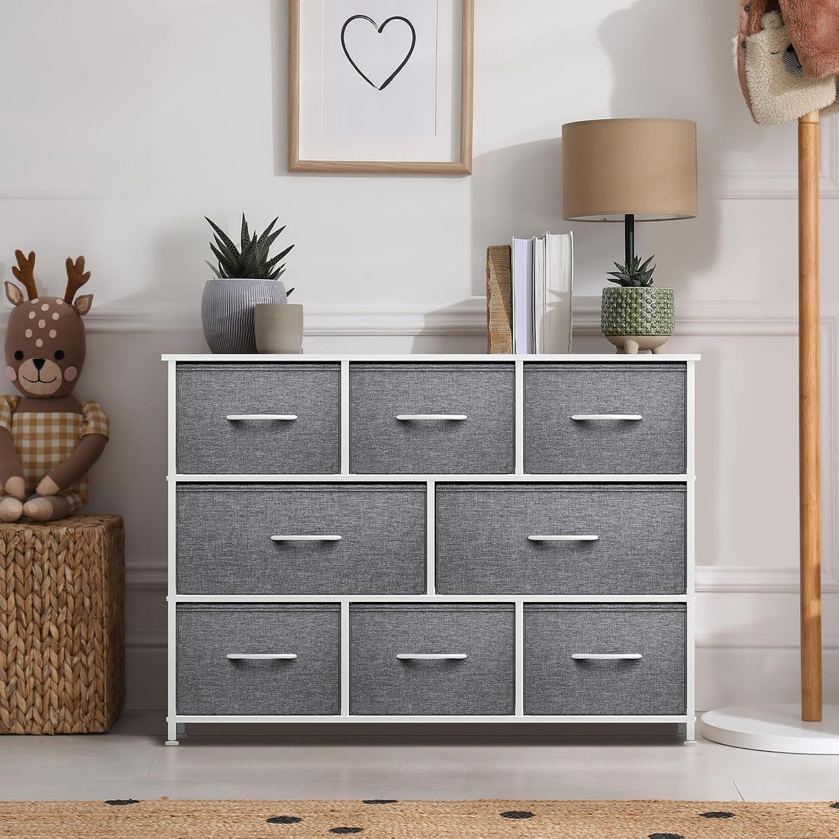 Wide 8-Drawer Dresser, Wood Top & Fabric Drawers (Blue)