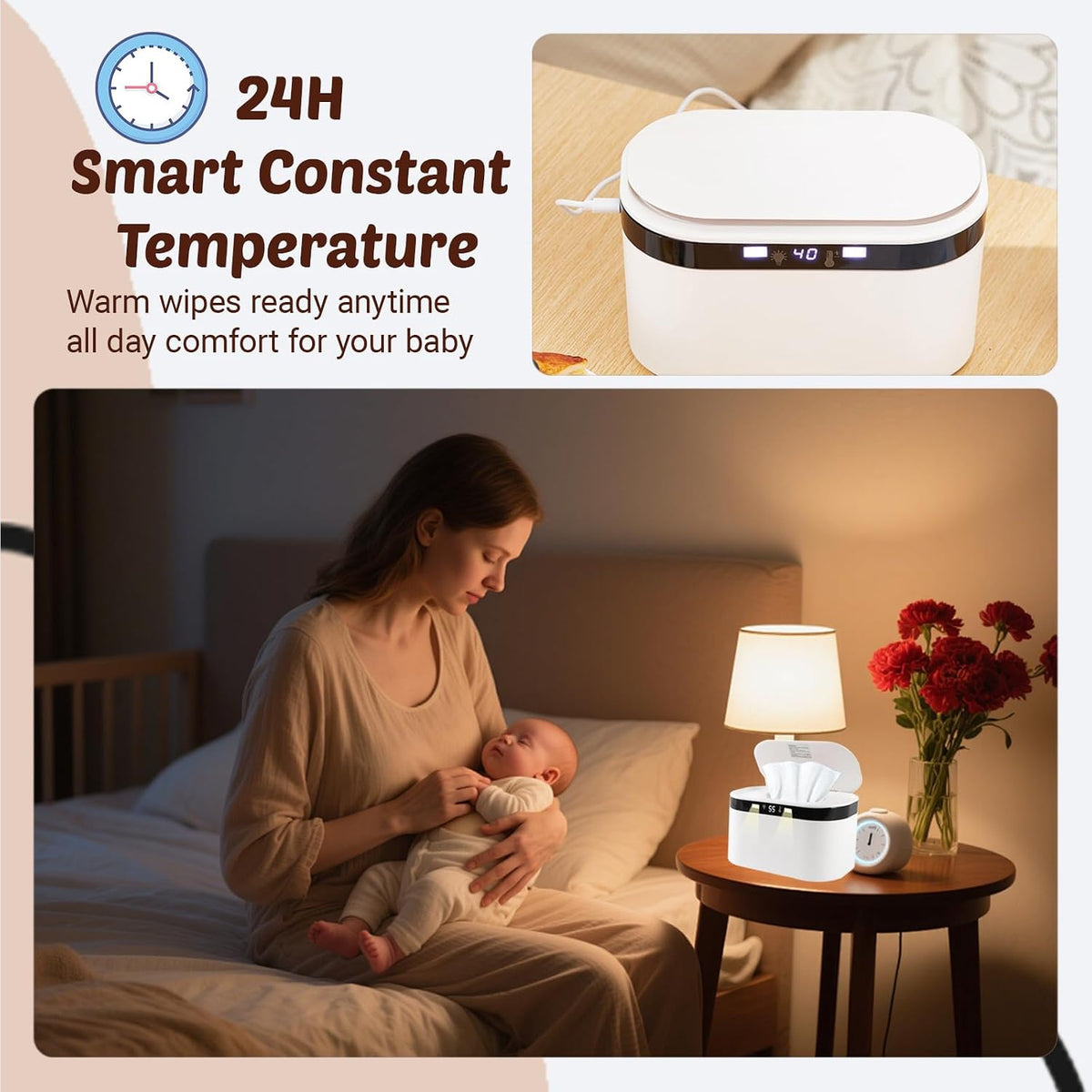 Baby Wipe Warmer, Wet Wipe Warmer 5 Modes of Temperature Heating Control Dual Heat for Baby's Comfort Large Capacity Wipes Dispenser Diaper for Babies & Adult, Wipe Warmer with Night Light