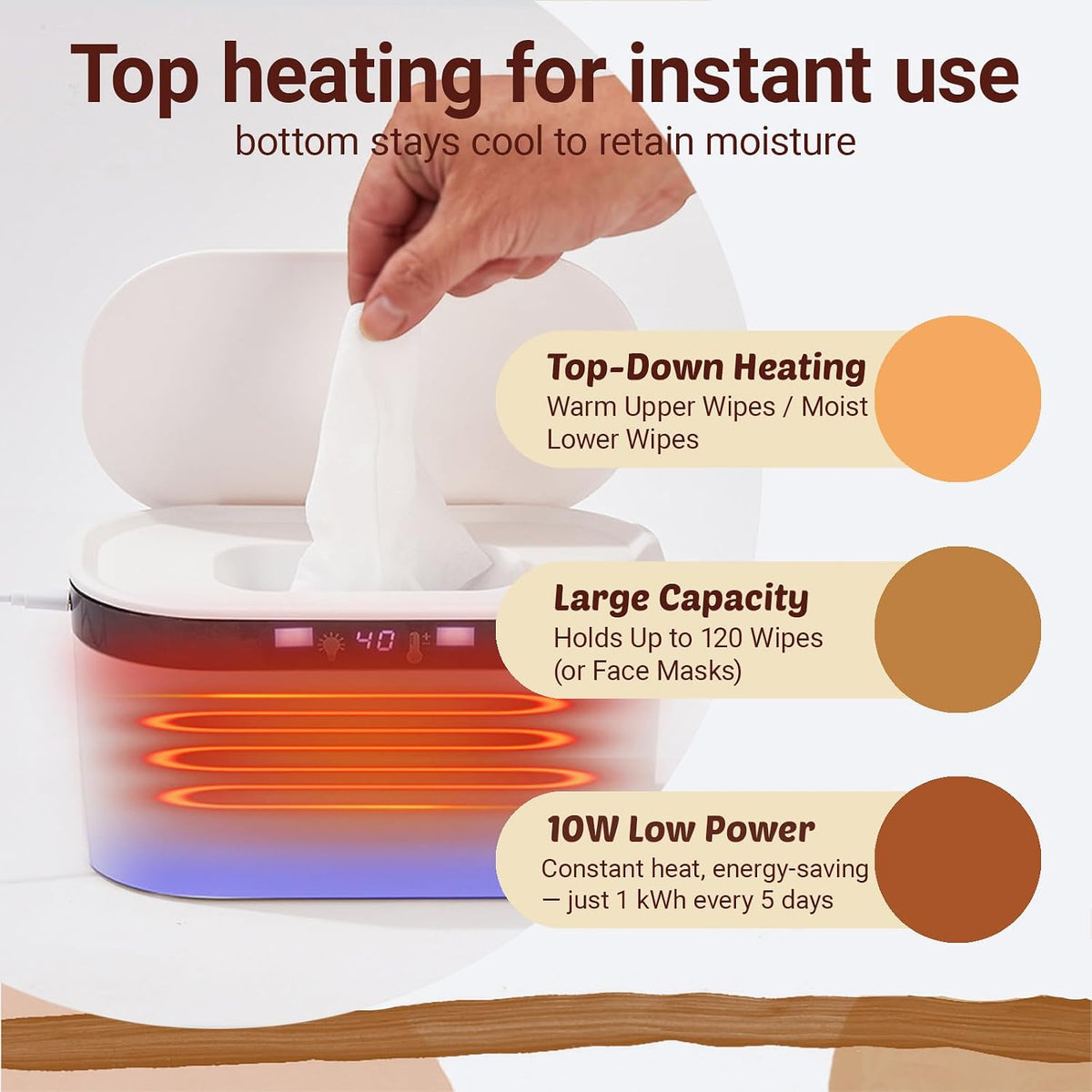 Baby Wipe Warmer, Wet Wipe Warmer 5 Modes of Temperature Heating Control Dual Heat for Baby's Comfort Large Capacity Wipes Dispenser Diaper for Babies & Adult, Wipe Warmer with Night Light