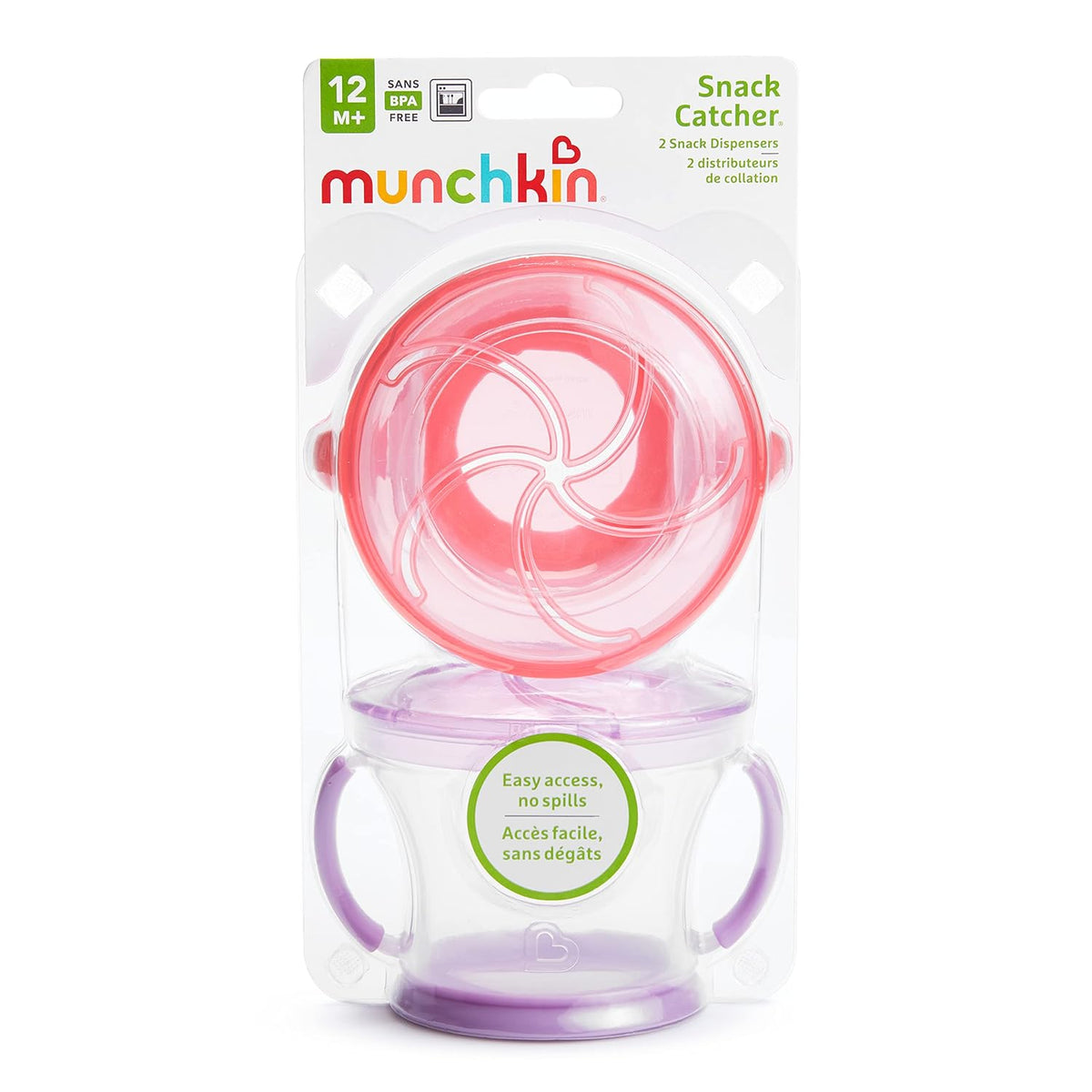 Snack Catcher Toddler Snack Cups, No Spill, 2 Pack, Pink/Purple