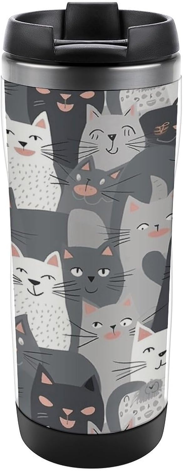 13oz Insulated Travel Coffee Mug Reusable Coffee Cup Water Bottle | Cute Funny Grey Cats Pattern Travel Mug with Leak Proof Lid Double Wall Stainless Steel Coffee Tumbler Personalized Gift