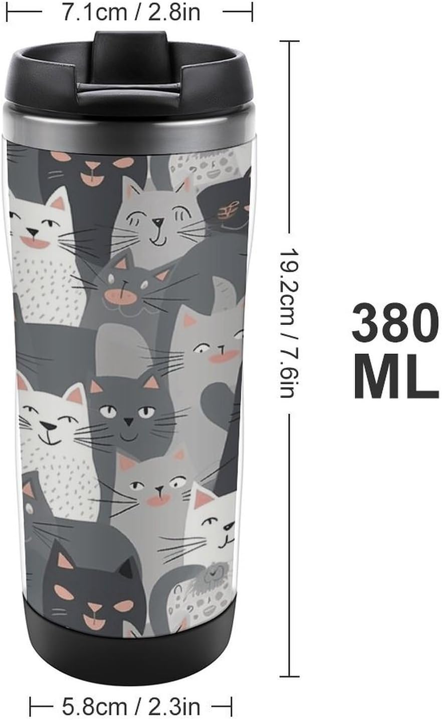 13oz Insulated Travel Coffee Mug Reusable Coffee Cup Water Bottle | Cute Funny Grey Cats Pattern Travel Mug with Leak Proof Lid Double Wall Stainless Steel Coffee Tumbler Personalized Gift