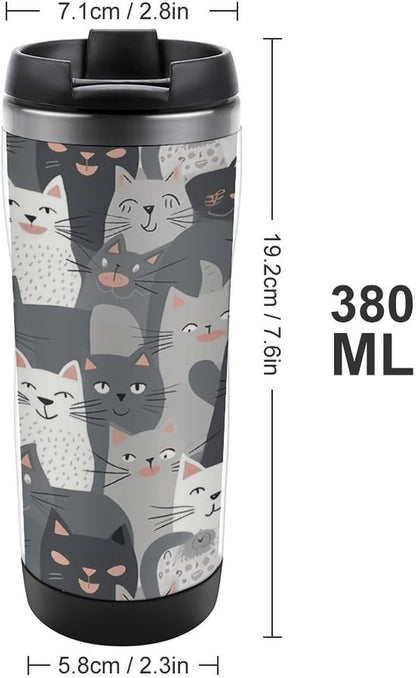 13oz Insulated Travel Coffee Mug Reusable Coffee Cup Water Bottle | Cute Funny Grey Cats Pattern Travel Mug with Leak Proof Lid Double Wall Stainless Steel Coffee Tumbler Personalized Gift