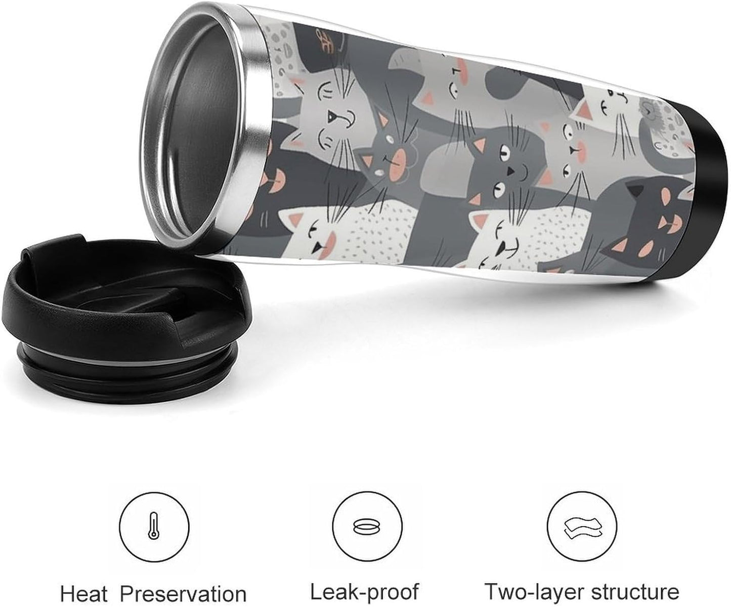 13oz Insulated Travel Coffee Mug Reusable Coffee Cup Water Bottle | Cute Funny Grey Cats Pattern Travel Mug with Leak Proof Lid Double Wall Stainless Steel Coffee Tumbler Personalized Gift
