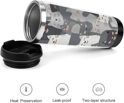 13oz Insulated Travel Coffee Mug Reusable Coffee Cup Water Bottle | Cute Funny Grey Cats Pattern Travel Mug with Leak Proof Lid Double Wall Stainless Steel Coffee Tumbler Personalized Gift