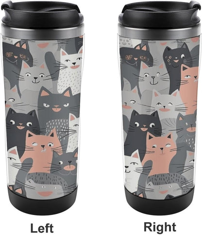 13oz Insulated Travel Coffee Mug Reusable Coffee Cup Water Bottle | Cute Funny Grey Cats Pattern Travel Mug with Leak Proof Lid Double Wall Stainless Steel Coffee Tumbler Personalized Gift