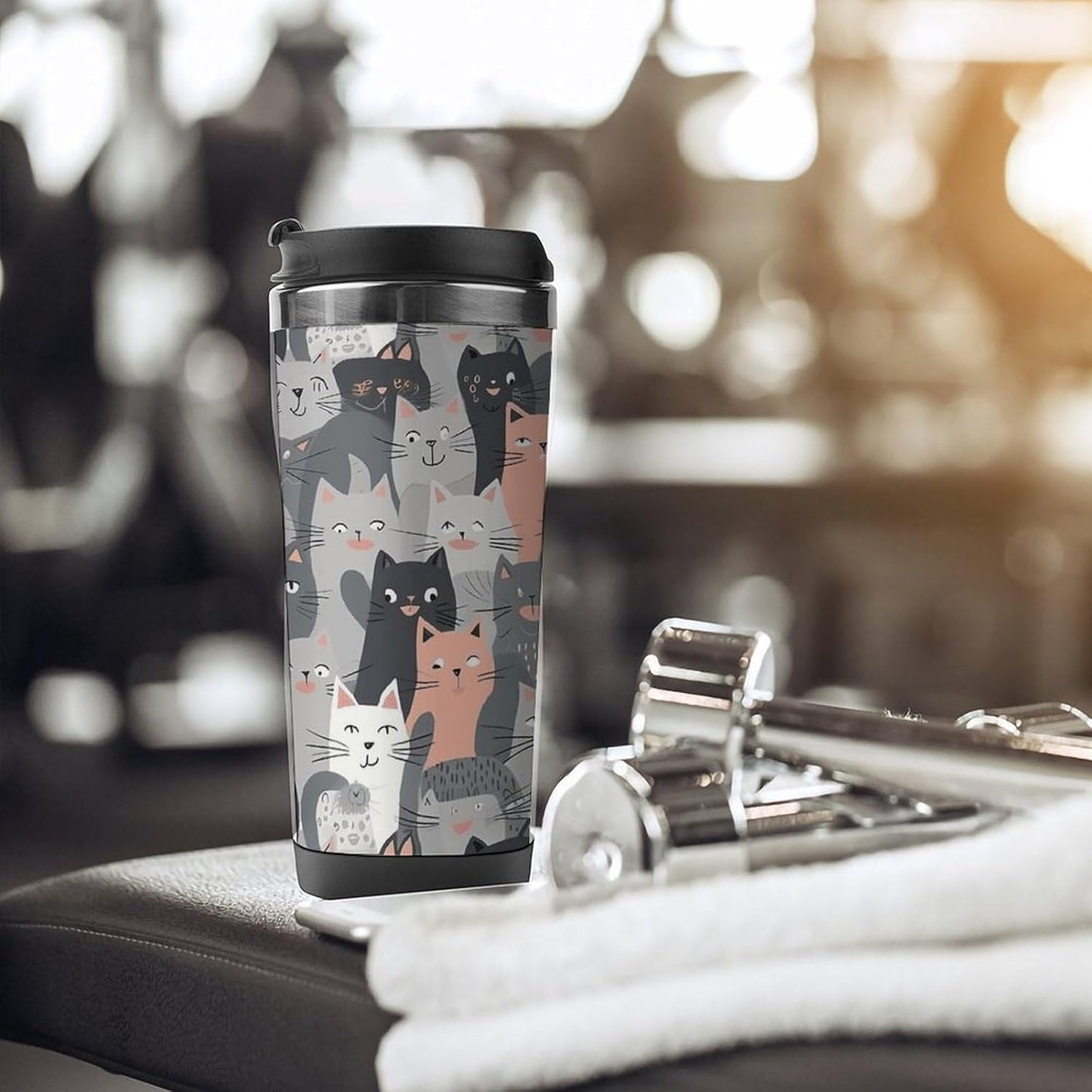 13oz Insulated Travel Coffee Mug Reusable Coffee Cup Water Bottle | Cute Funny Grey Cats Pattern Travel Mug with Leak Proof Lid Double Wall Stainless Steel Coffee Tumbler Personalized Gift
