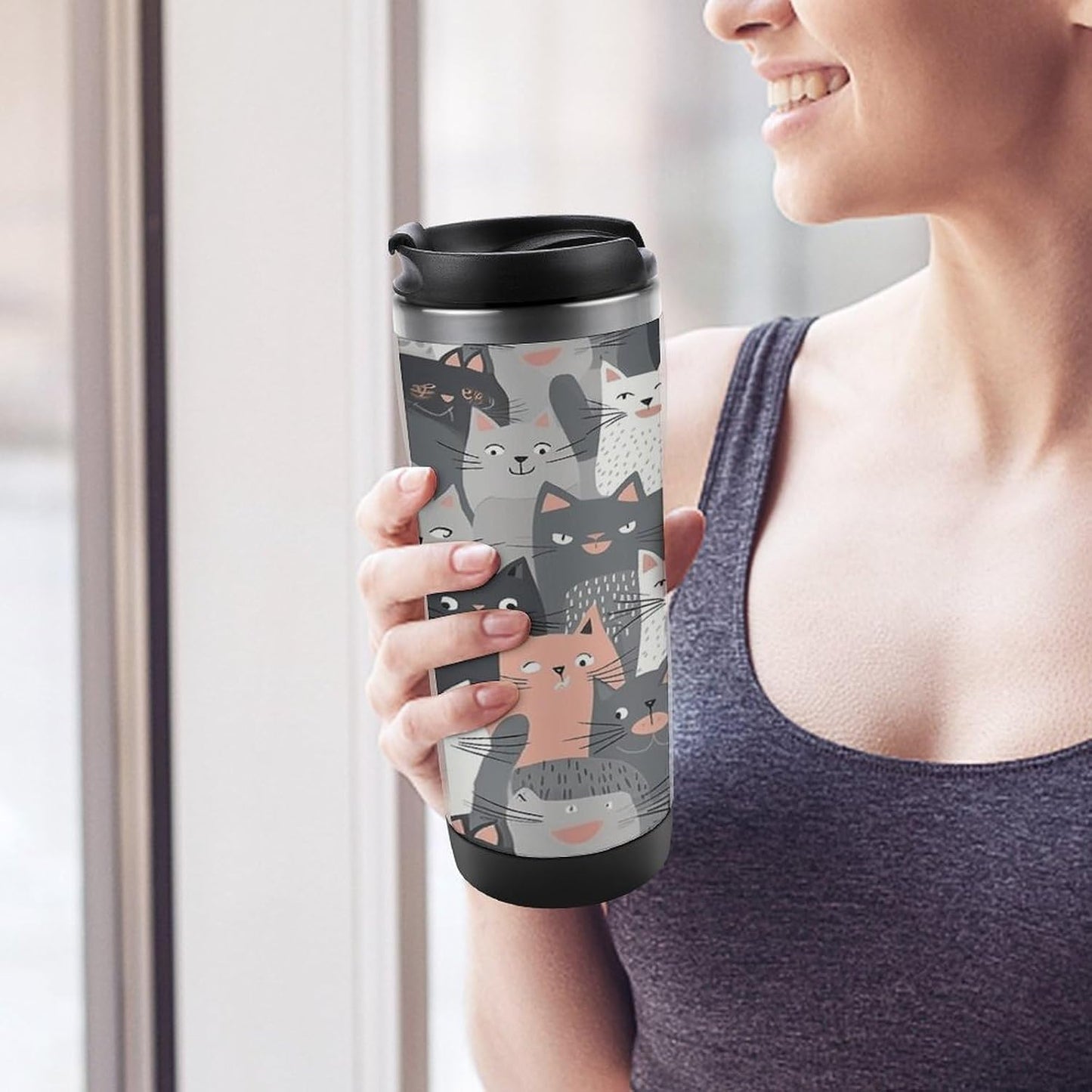 13oz Insulated Travel Coffee Mug Reusable Coffee Cup Water Bottle | Cute Funny Grey Cats Pattern Travel Mug with Leak Proof Lid Double Wall Stainless Steel Coffee Tumbler Personalized Gift