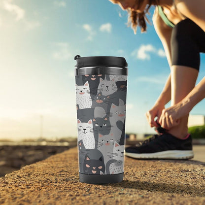 13oz Insulated Travel Coffee Mug Reusable Coffee Cup Water Bottle | Cute Funny Grey Cats Pattern Travel Mug with Leak Proof Lid Double Wall Stainless Steel Coffee Tumbler Personalized Gift