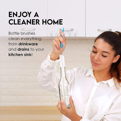 Bottle Brush Cleaner Pack - Set of 5 Bottle Brushes for Cleaning Baby Bottles, Water Bottles, Tumblers, Wine Decanters, Flask, Bong, Vase Cleaner - One Straw Cleaner Brush