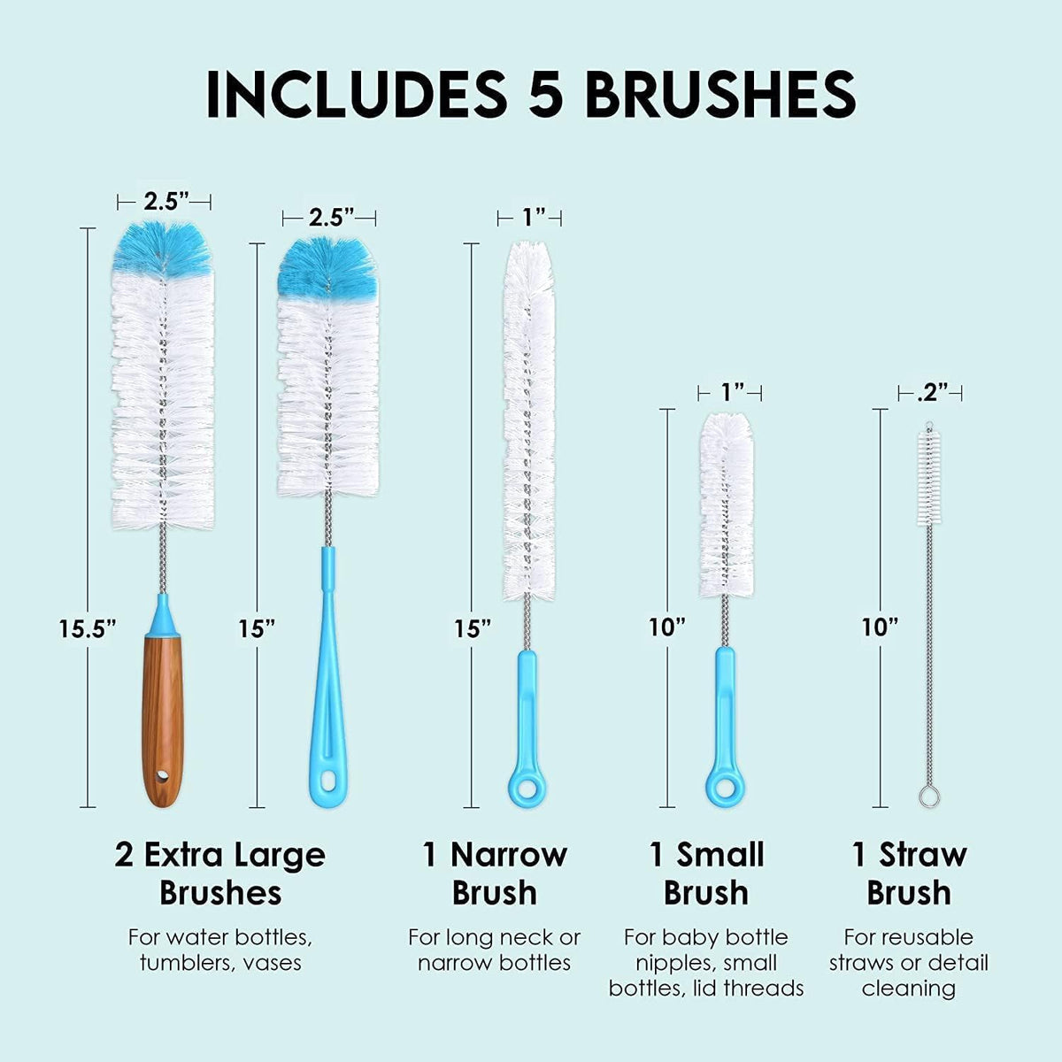 Bottle Brush Cleaner Pack - Set of 5 Bottle Brushes for Cleaning Baby Bottles, Water Bottles, Tumblers, Wine Decanters, Flask, Bong, Vase Cleaner - One Straw Cleaner Brush