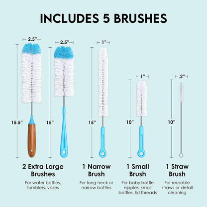 Bottle Brush Cleaner Pack - Set of 5 Bottle Brushes for Cleaning Baby Bottles, Water Bottles, Tumblers, Wine Decanters, Flask, Bong, Vase Cleaner - One Straw Cleaner Brush
