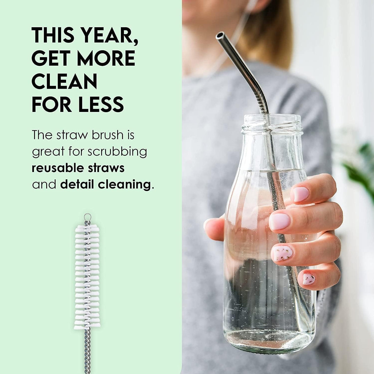 Bottle Brush Cleaner Pack - Set of 5 Bottle Brushes for Cleaning Baby Bottles, Water Bottles, Tumblers, Wine Decanters, Flask, Bong, Vase Cleaner - One Straw Cleaner Brush