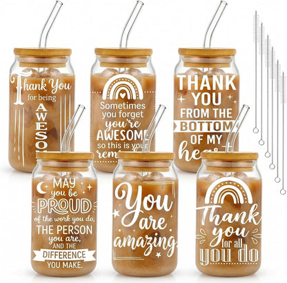 Glass Cups with Lids and Straws, 6Pcs, 16oz, Inspirational Awesome | Thank You For Being Cute Coquette Drinking Glasses Straws Tumbler for Women Girls Friend Bridesmaid Birthday Party Gifts