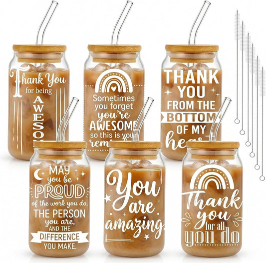 Glass Cups with Lids and Straws, 6Pcs, 16oz, Inspirational Awesome | Thank You For Being Cute Coquette Drinking Glasses Straws Tumbler for Women Girls Friend Bridesmaid Birthday Party Gifts