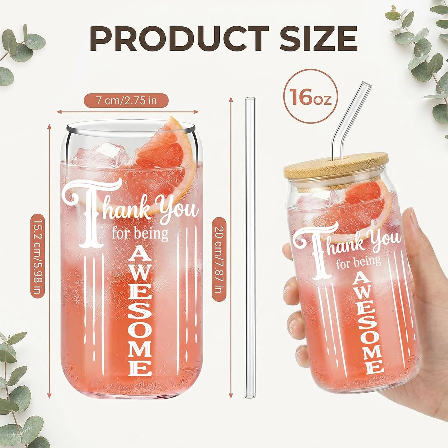 Glass Cups with Lids and Straws, 6Pcs, 16oz, Inspirational Awesome | Thank You For Being Cute Coquette Drinking Glasses Straws Tumbler for Women Girls Friend Bridesmaid Birthday Party Gifts