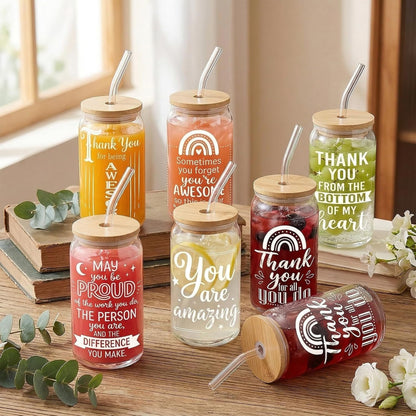 Glass Cups with Lids and Straws, 6Pcs, 16oz, Inspirational Awesome | Thank You For Being Cute Coquette Drinking Glasses Straws Tumbler for Women Girls Friend Bridesmaid Birthday Party Gifts