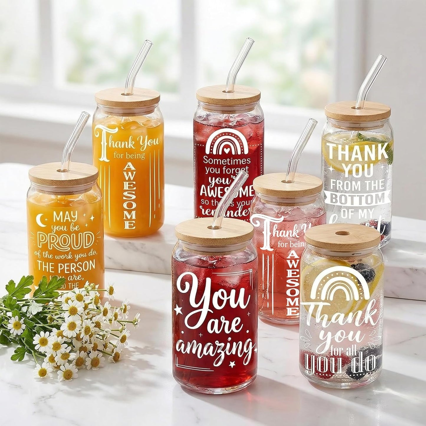 Glass Cups with Lids and Straws, 6Pcs, 16oz, Inspirational Awesome | Thank You For Being Cute Coquette Drinking Glasses Straws Tumbler for Women Girls Friend Bridesmaid Birthday Party Gifts