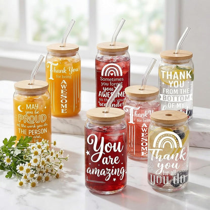 Glass Cups with Lids and Straws, 6Pcs, 16oz, Inspirational Awesome | Thank You For Being Cute Coquette Drinking Glasses Straws Tumbler for Women Girls Friend Bridesmaid Birthday Party Gifts