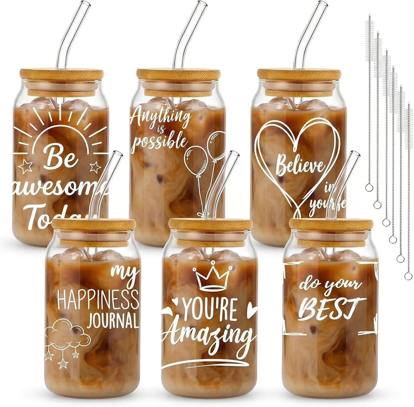 Glass Cups with Lids and Straws, 6Pcs, 16oz, Inspirational Awesome | Thank You For Being Cute Coquette Drinking Glasses Straws Tumbler for Women Girls Friend Bridesmaid Birthday Party Gifts