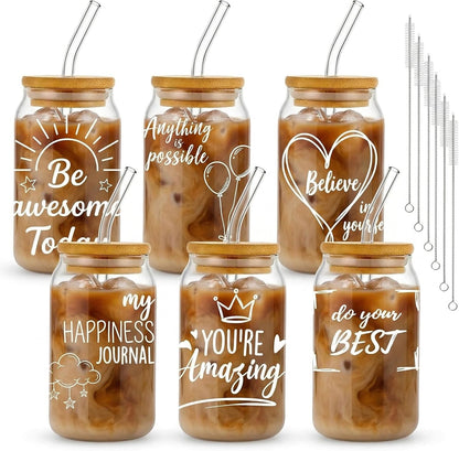 Glass Cups with Lids and Straws, 6Pcs, 16oz, Inspirational Awesome | Thank You For Being Cute Coquette Drinking Glasses Straws Tumbler for Women Girls Friend Bridesmaid Birthday Party Gifts