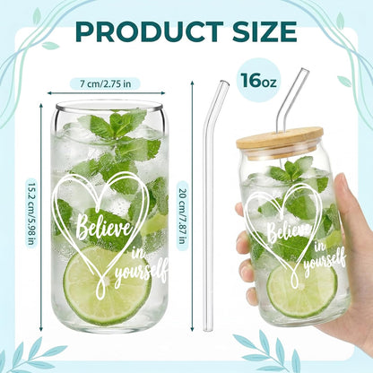 Glass Cups with Lids and Straws, 6Pcs, 16oz, Inspirational Awesome | Thank You For Being Cute Coquette Drinking Glasses Straws Tumbler for Women Girls Friend Bridesmaid Birthday Party Gifts