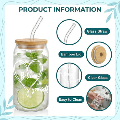 Glass Cups with Lids and Straws, 6Pcs, 16oz, Inspirational Awesome | Thank You For Being Cute Coquette Drinking Glasses Straws Tumbler for Women Girls Friend Bridesmaid Birthday Party Gifts
