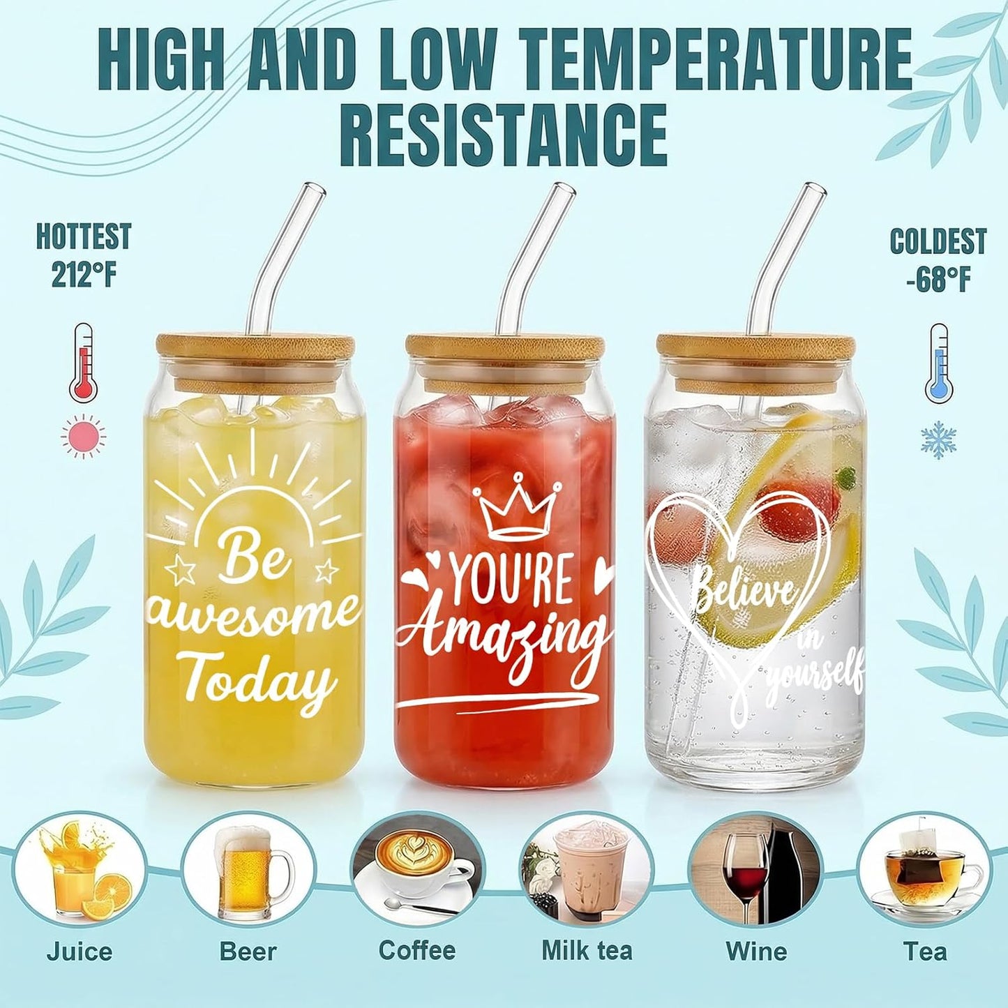 Glass Cups with Lids and Straws, 6Pcs, 16oz, Inspirational Awesome | Thank You For Being Cute Coquette Drinking Glasses Straws Tumbler for Women Girls Friend Bridesmaid Birthday Party Gifts