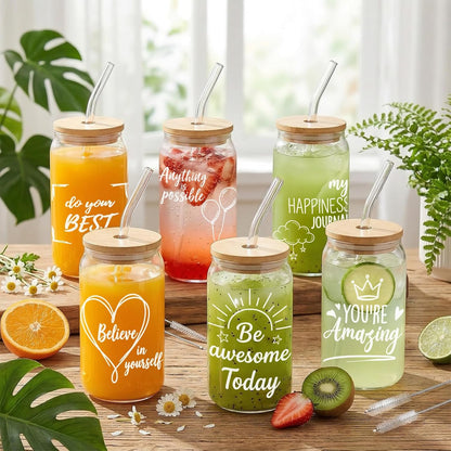 Glass Cups with Lids and Straws, 6Pcs, 16oz, Inspirational Awesome | Thank You For Being Cute Coquette Drinking Glasses Straws Tumbler for Women Girls Friend Bridesmaid Birthday Party Gifts