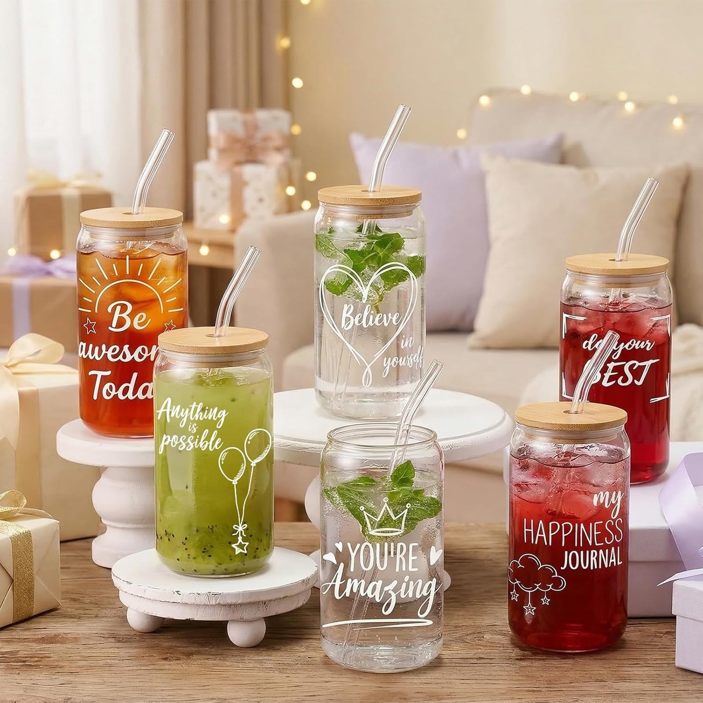 Glass Cups with Lids and Straws, 6Pcs, 16oz, Inspirational Awesome | Thank You For Being Cute Coquette Drinking Glasses Straws Tumbler for Women Girls Friend Bridesmaid Birthday Party Gifts