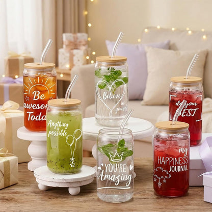 Glass Cups with Lids and Straws, 6Pcs, 16oz, Inspirational Awesome | Thank You For Being Cute Coquette Drinking Glasses Straws Tumbler for Women Girls Friend Bridesmaid Birthday Party Gifts