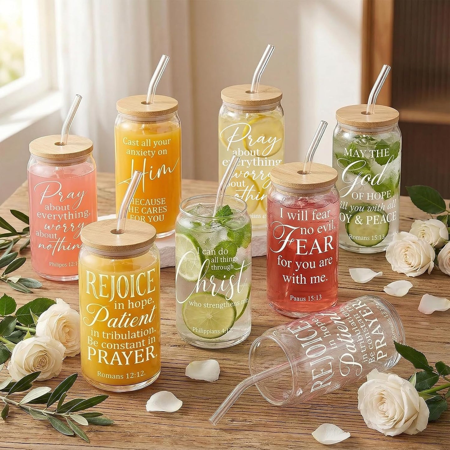 Glass Cups with Lids and Straws, 6Pcs, 16oz, Inspirational Awesome | Thank You For Being Cute Coquette Drinking Glasses Straws Tumbler for Women Girls Friend Bridesmaid Birthday Party Gifts