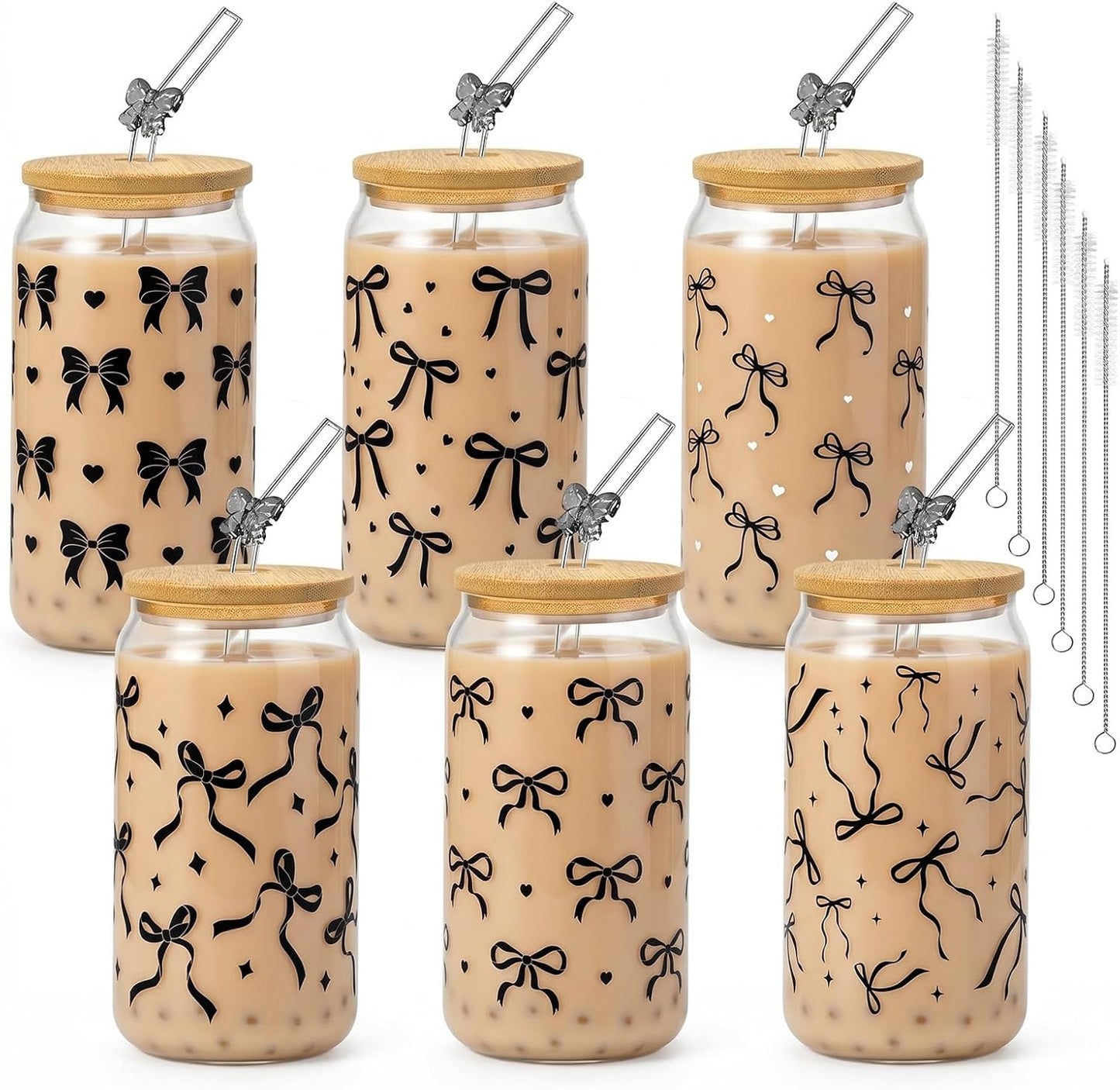 Glass Cups with Lids and Straws, 6Pcs, 16oz, Inspirational Awesome | Thank You For Being Cute Coquette Drinking Glasses Straws Tumbler for Women Girls Friend Bridesmaid Birthday Party Gifts