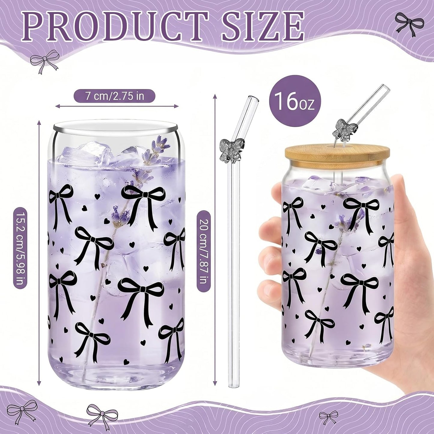Glass Cups with Lids and Straws, 6Pcs, 16oz, Inspirational Awesome | Thank You For Being Cute Coquette Drinking Glasses Straws Tumbler for Women Girls Friend Bridesmaid Birthday Party Gifts