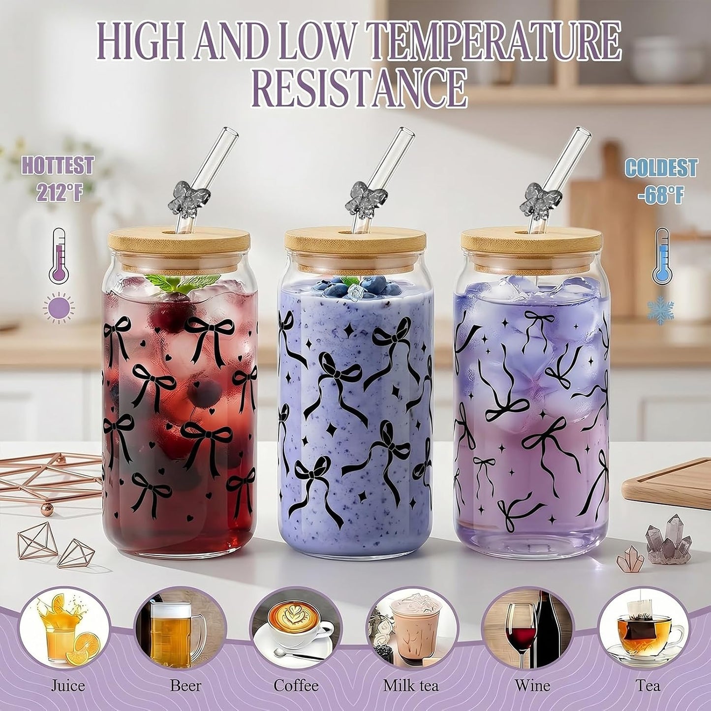 Glass Cups with Lids and Straws, 6Pcs, 16oz, Inspirational Awesome | Thank You For Being Cute Coquette Drinking Glasses Straws Tumbler for Women Girls Friend Bridesmaid Birthday Party Gifts