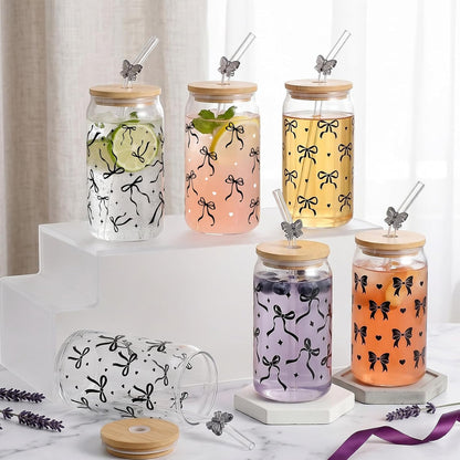 Glass Cups with Lids and Straws, 6Pcs, 16oz, Inspirational Awesome | Thank You For Being Cute Coquette Drinking Glasses Straws Tumbler for Women Girls Friend Bridesmaid Birthday Party Gifts