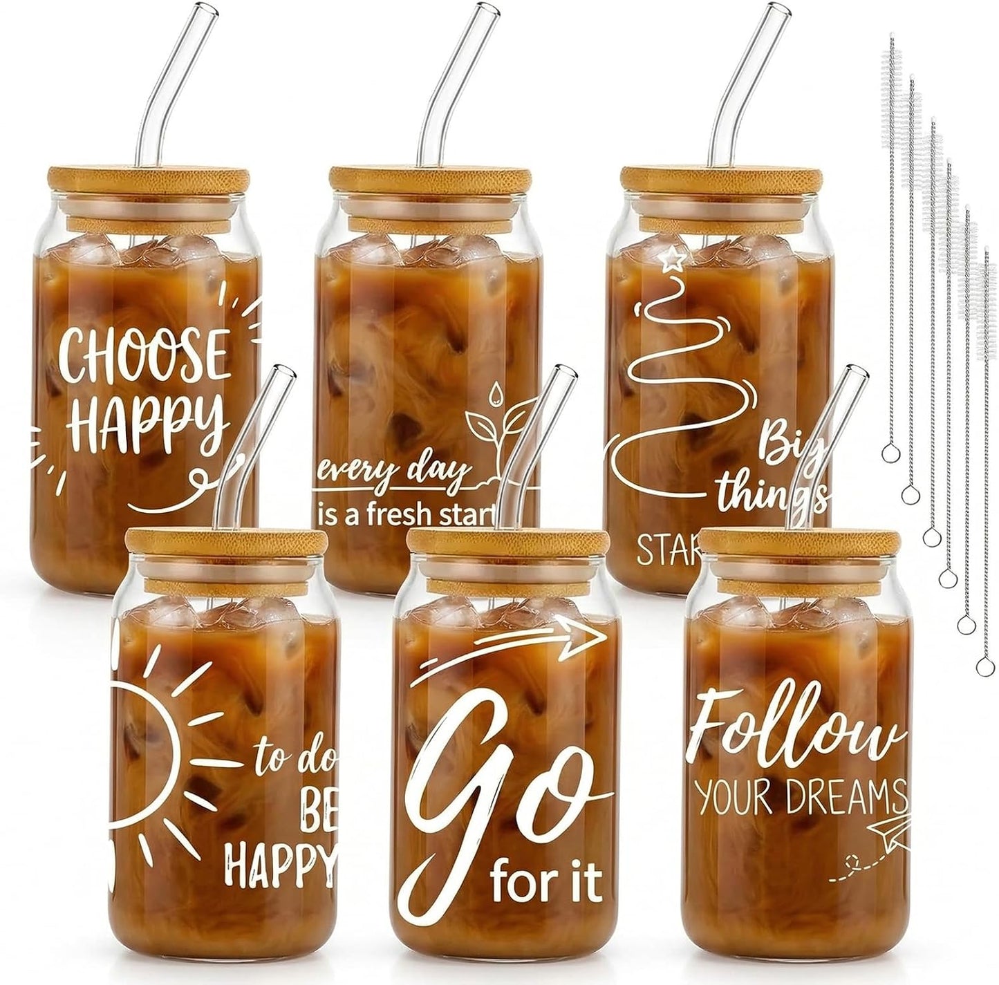 Glass Cups with Lids and Straws, 6Pcs, 16oz, Inspirational Awesome | Thank You For Being Cute Coquette Drinking Glasses Straws Tumbler for Women Girls Friend Bridesmaid Birthday Party Gifts