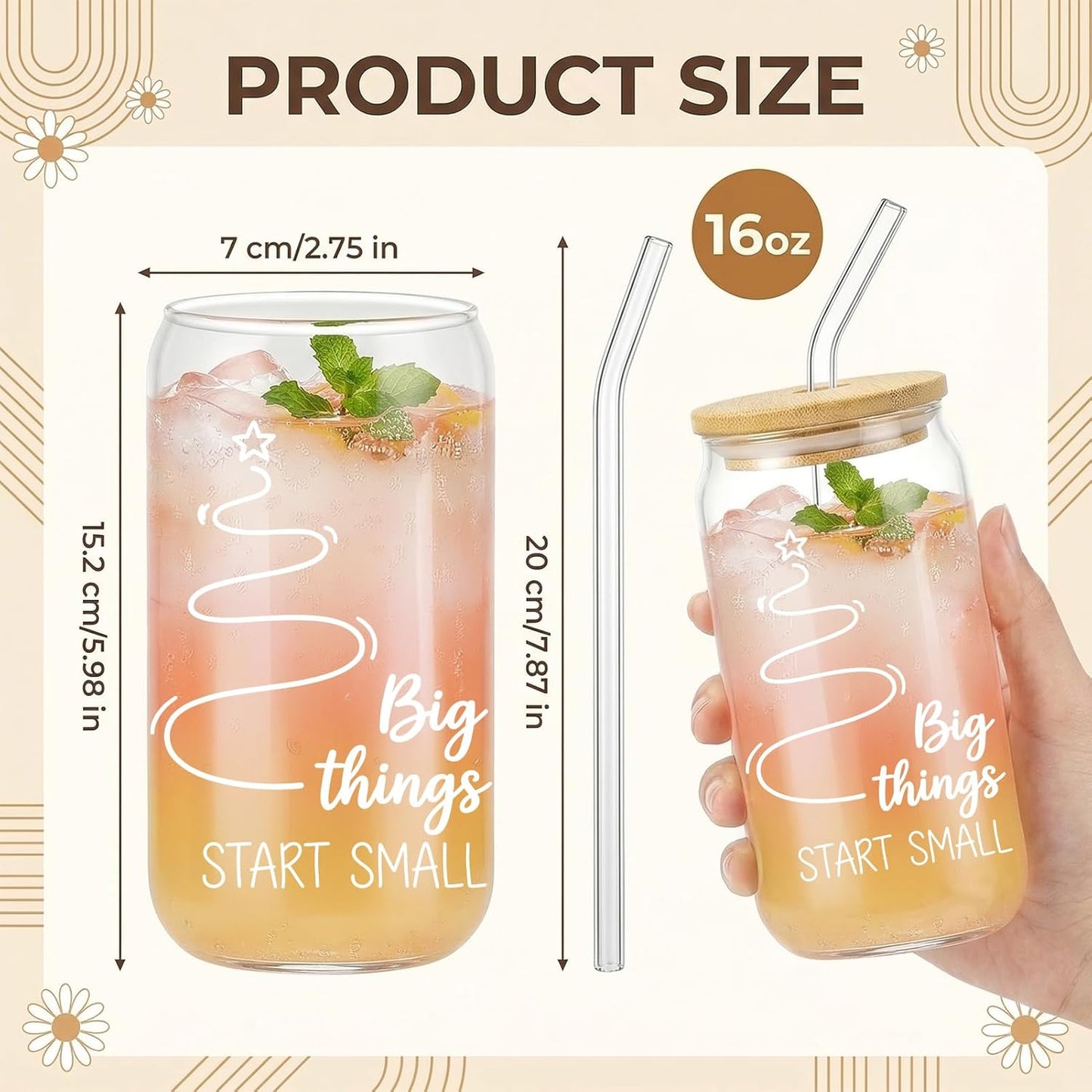 Glass Cups with Lids and Straws, 6Pcs, 16oz, Inspirational Awesome | Thank You For Being Cute Coquette Drinking Glasses Straws Tumbler for Women Girls Friend Bridesmaid Birthday Party Gifts