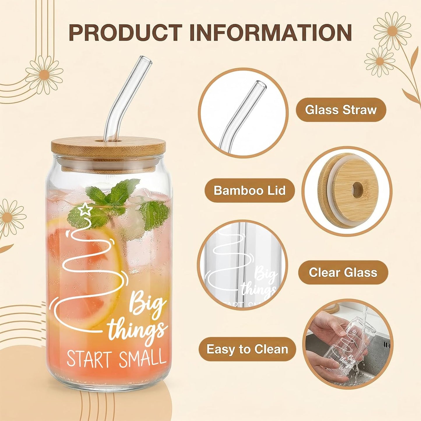 Glass Cups with Lids and Straws, 6Pcs, 16oz, Inspirational Awesome | Thank You For Being Cute Coquette Drinking Glasses Straws Tumbler for Women Girls Friend Bridesmaid Birthday Party Gifts