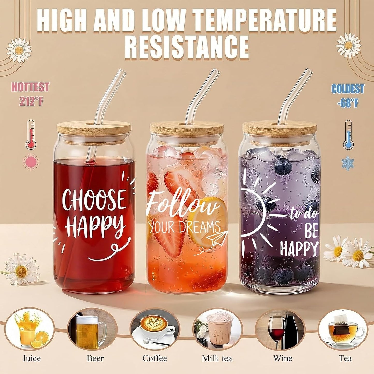 Glass Cups with Lids and Straws, 6Pcs, 16oz, Inspirational Awesome | Thank You For Being Cute Coquette Drinking Glasses Straws Tumbler for Women Girls Friend Bridesmaid Birthday Party Gifts