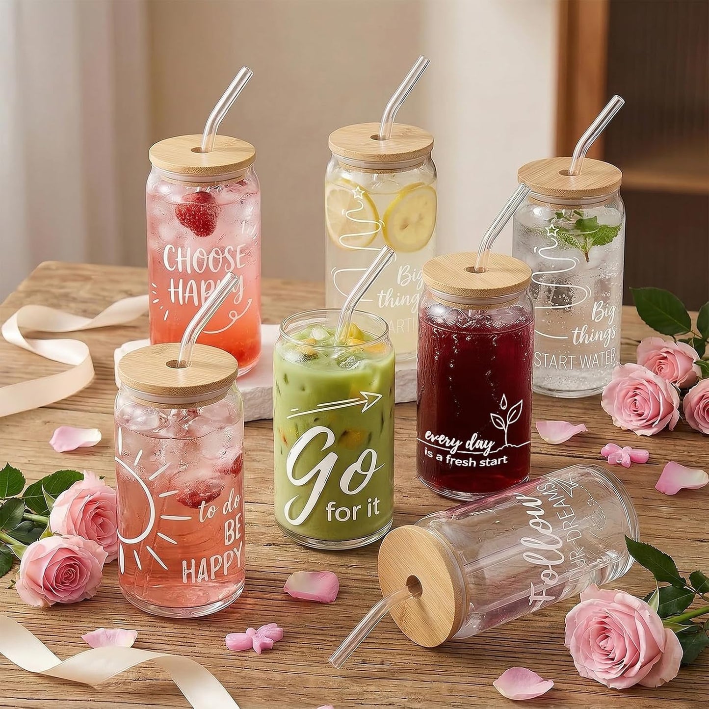 Glass Cups with Lids and Straws, 6Pcs, 16oz, Inspirational Awesome | Thank You For Being Cute Coquette Drinking Glasses Straws Tumbler for Women Girls Friend Bridesmaid Birthday Party Gifts