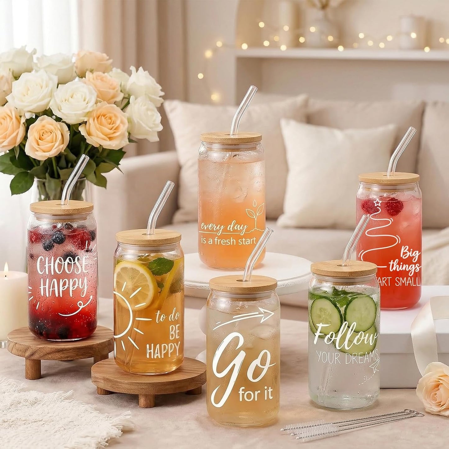 Glass Cups with Lids and Straws, 6Pcs, 16oz, Inspirational Awesome | Thank You For Being Cute Coquette Drinking Glasses Straws Tumbler for Women Girls Friend Bridesmaid Birthday Party Gifts