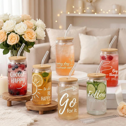 Glass Cups with Lids and Straws, 6Pcs, 16oz, Inspirational Awesome | Thank You For Being Cute Coquette Drinking Glasses Straws Tumbler for Women Girls Friend Bridesmaid Birthday Party Gifts