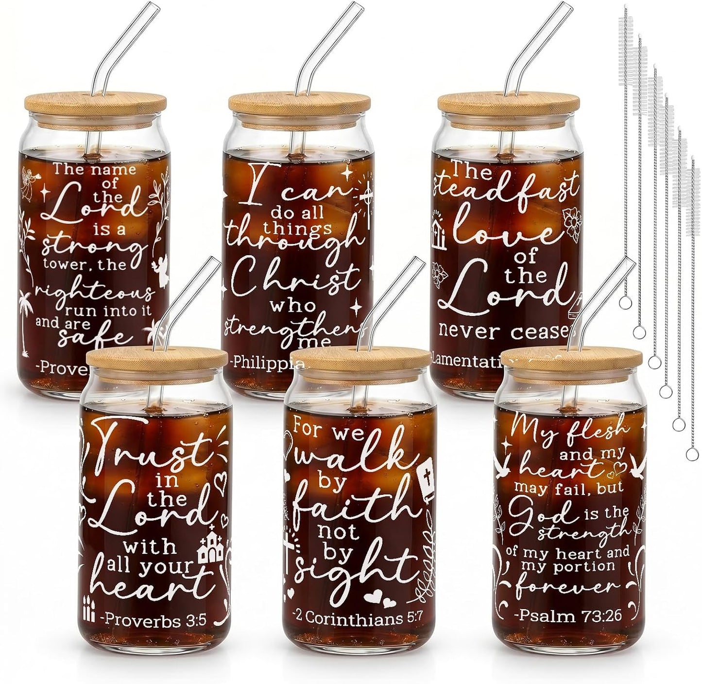 Glass Cups with Lids and Straws, 6Pcs, 16oz, Inspirational Awesome | Thank You For Being Cute Coquette Drinking Glasses Straws Tumbler for Women Girls Friend Bridesmaid Birthday Party Gifts