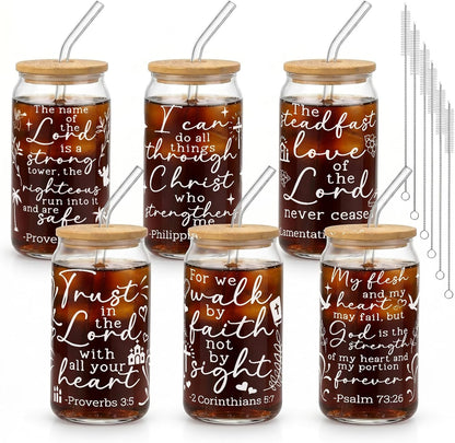 Glass Cups with Lids and Straws, 6Pcs, 16oz, Inspirational Awesome | Thank You For Being Cute Coquette Drinking Glasses Straws Tumbler for Women Girls Friend Bridesmaid Birthday Party Gifts