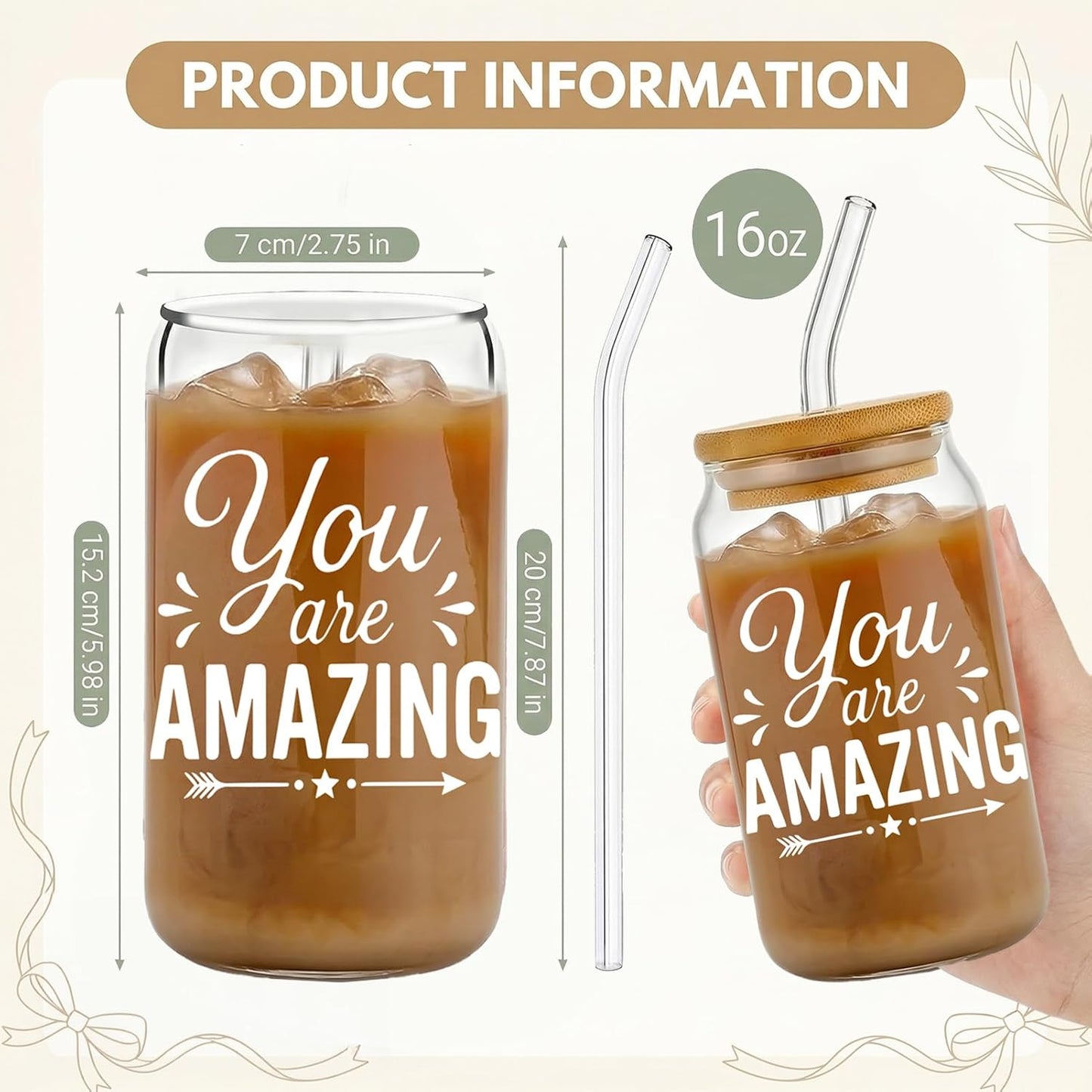 Glass Cups with Lids and Straws, 6Pcs, 16oz, Inspirational Awesome | Thank You For Being Cute Coquette Drinking Glasses Straws Tumbler for Women Girls Friend Bridesmaid Birthday Party Gifts