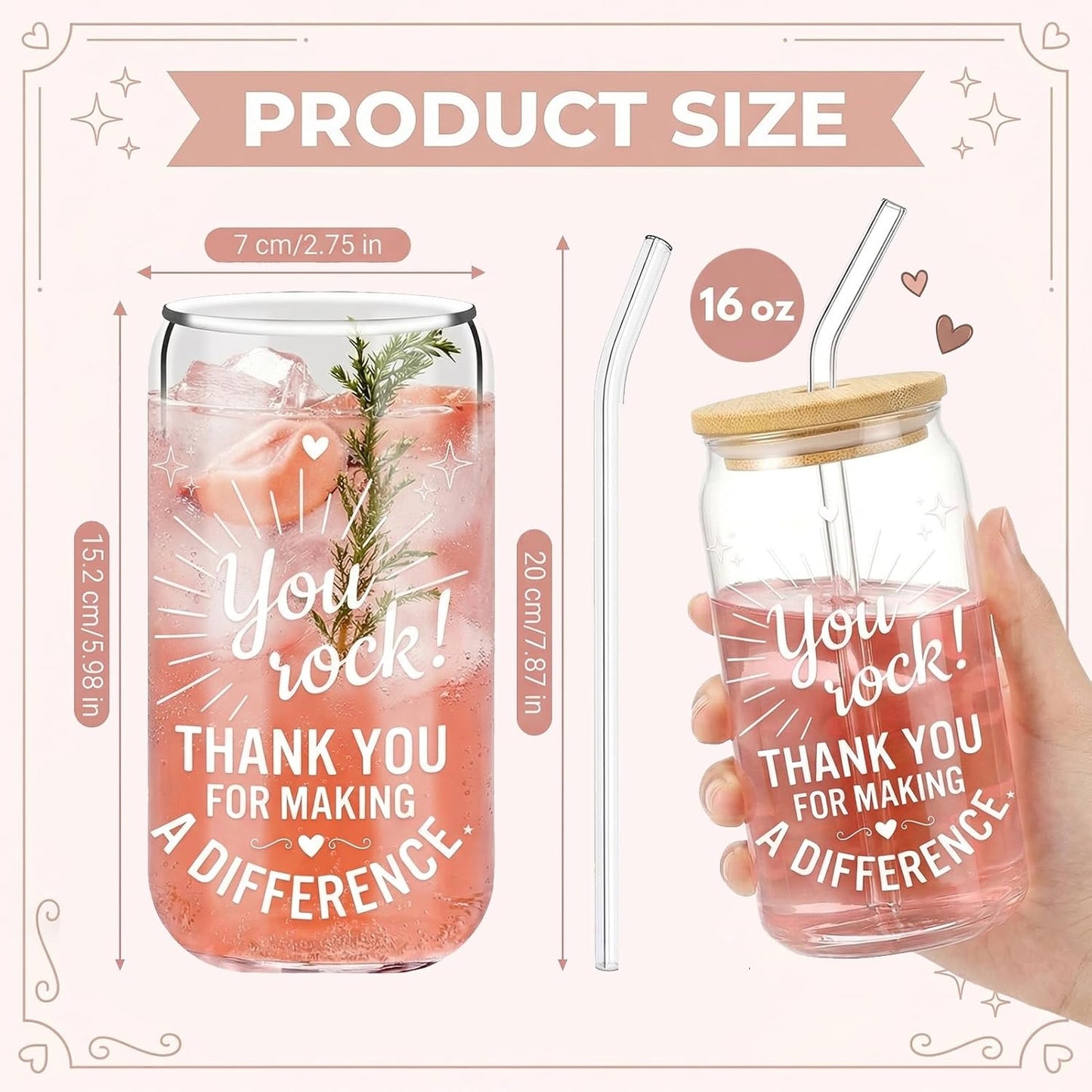 Glass Cups with Lids and Straws, 6Pcs, 16oz, Inspirational Awesome | Thank You For Being Cute Coquette Drinking Glasses Straws Tumbler for Women Girls Friend Bridesmaid Birthday Party Gifts
