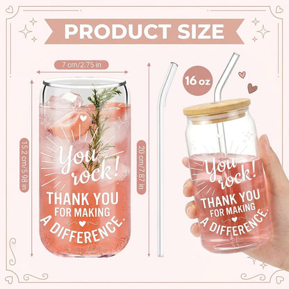 Glass Cups with Lids and Straws, 6Pcs, 16oz, Inspirational Awesome | Thank You For Being Cute Coquette Drinking Glasses Straws Tumbler for Women Girls Friend Bridesmaid Birthday Party Gifts