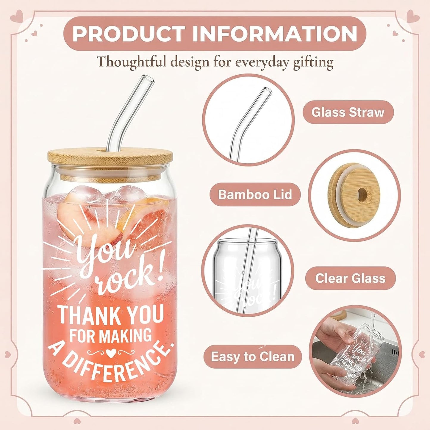 Glass Cups with Lids and Straws, 6Pcs, 16oz, Inspirational Awesome | Thank You For Being Cute Coquette Drinking Glasses Straws Tumbler for Women Girls Friend Bridesmaid Birthday Party Gifts
