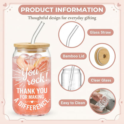 Glass Cups with Lids and Straws, 6Pcs, 16oz, Inspirational Awesome | Thank You For Being Cute Coquette Drinking Glasses Straws Tumbler for Women Girls Friend Bridesmaid Birthday Party Gifts